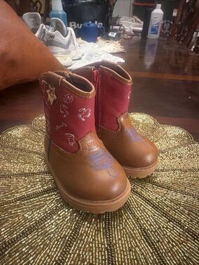 Toddler Brown and Red Cowboy Boots with Embroidered Accents